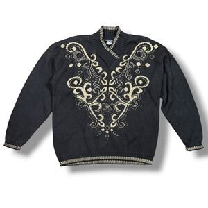 Vintage Mademoiselle Sweater Black Gold Metallic Baroque Women’s L Retro 80s